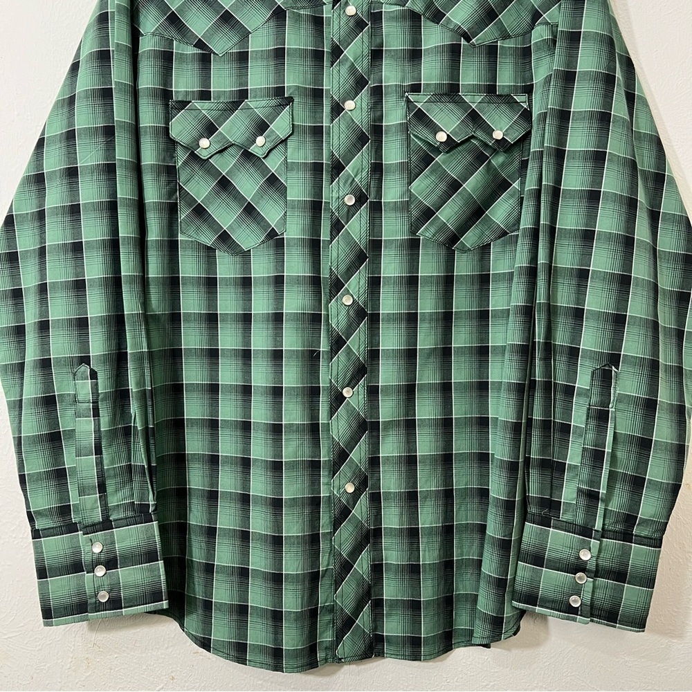 Wrangler Mens Green Plaid Front Pockets Brushpopper Pearl Snap Shirt Sz L - Picture 3 of 6